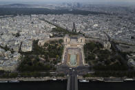 View from the third level and top of the Eiffel Tower of the Trocadero and the Defense business district in the background, during the opening up of the top floor of the Eiffel Tower, Wednesday, July 15, 2020 in Paris. The top floor of Paris' Eiffel Tower reopened today as the 19th century iron monument re-opened its first two floors on June 26 following its longest closure since World War II. (AP Photo/Francois Mori)