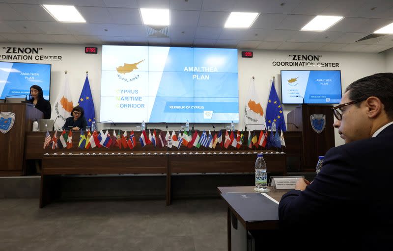 UAE Minister of State for International Cooperation Reem Ebrahim Al Hashimy speaks during a meeting for Cyprus Maritime Corridor to Gaza at the Zenon Coordination Centre in Larnaca