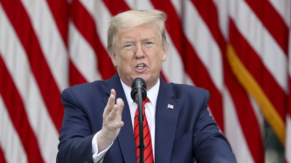 President Donald Trump speaks during a press briefing in the Rose Garden of the White House in Washington, D.C., U.S., on Monday, May 11, 2020. (Oliver Contreras/Sipa/Bloomberg via Getty Images)