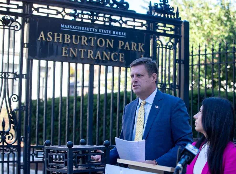 Republican Geoff Diehl, of Whitman, returns to Beacon Hill in September 2022 for a news conference during his campaign for governor.