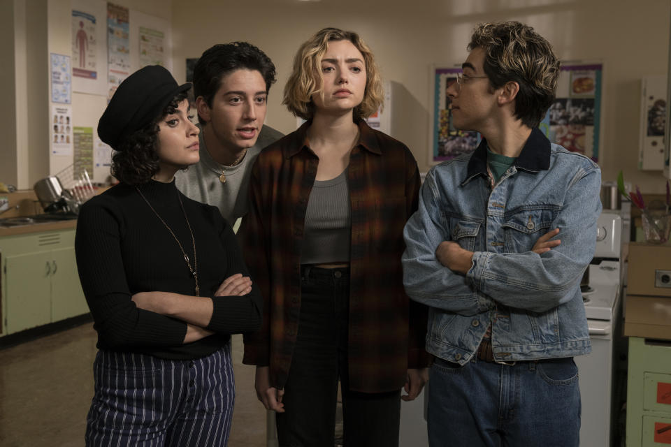 This image released by Paramount+ shows, from left, Sarah Yarkin as Rhonda, Milo Manheim as Wally, Peyton List as Maddie and Nick Pugliese as Charley in a scene from "School Spirits." (Ed Araquel/Paramount+ via AP)