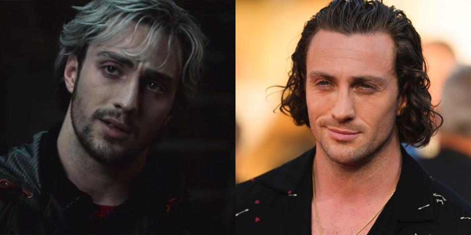 On the left: Aaron Taylor-Johnson as Pietro Maximoff/Quicksilver in "Avengers: Age of Ultron." On the right: Taylor-Johnson in July 2022.