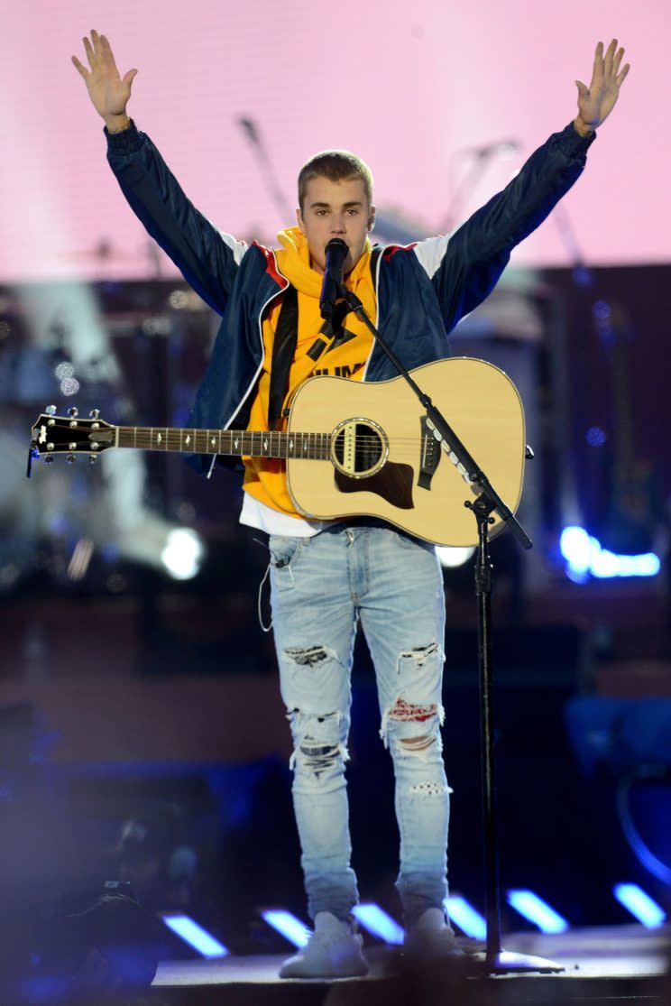 Justin Bieber performs at the One Love Manchester tribute concert in Manchester. Photo: (Dave Hogan via AP)