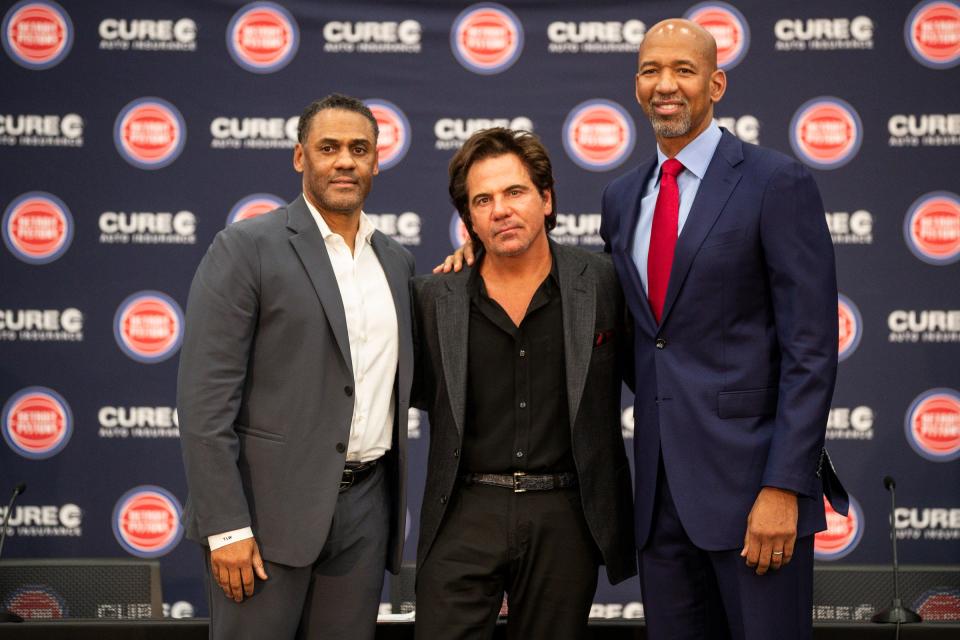 (From left) Pistons general manager Troy Weaver, owner Tom Gores and coach Monty Williams pose for a photo during a news conference to introduce Williams as the new head coach at the Pistons Performance Center in Detroit on Tuesday, June 13, 2023.