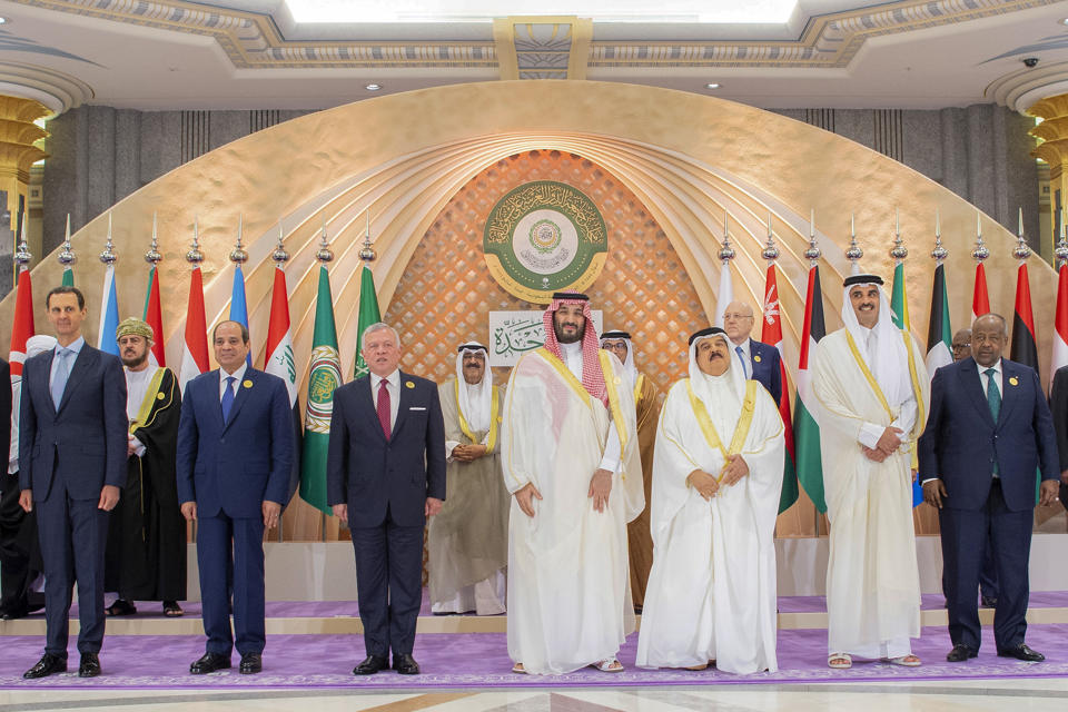 In this photo provided by the Saudi Press Agency, SPA, leaders of Arab countries pose for a group picture ahead of the Arab summit in Jeddah, Saudi Arabia, Friday, May 19, 2023. (Saudi Press Agency via AP)