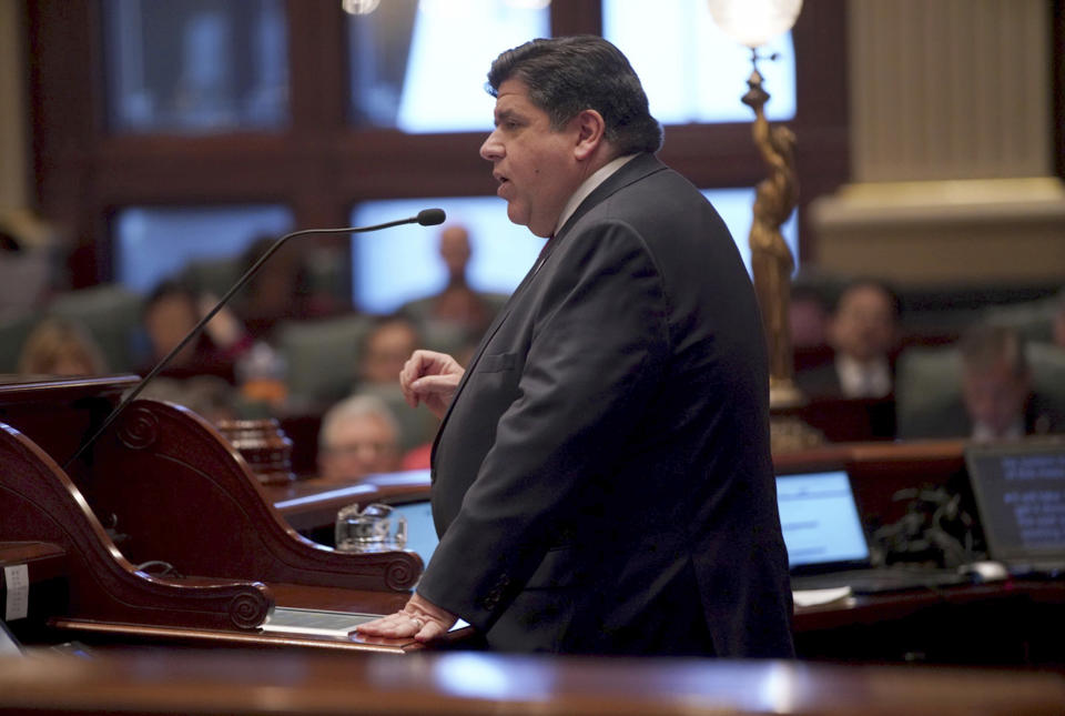Gov. J.B. Pritzker delivers his first budget address on Wednesday, Feb. 20, 2019 to a joint session of the Illinois House and Senate at the Illinois State Capitol building in Springfield. (E. Jason Wambsgans/Chicago Tribune via AP, Pool)