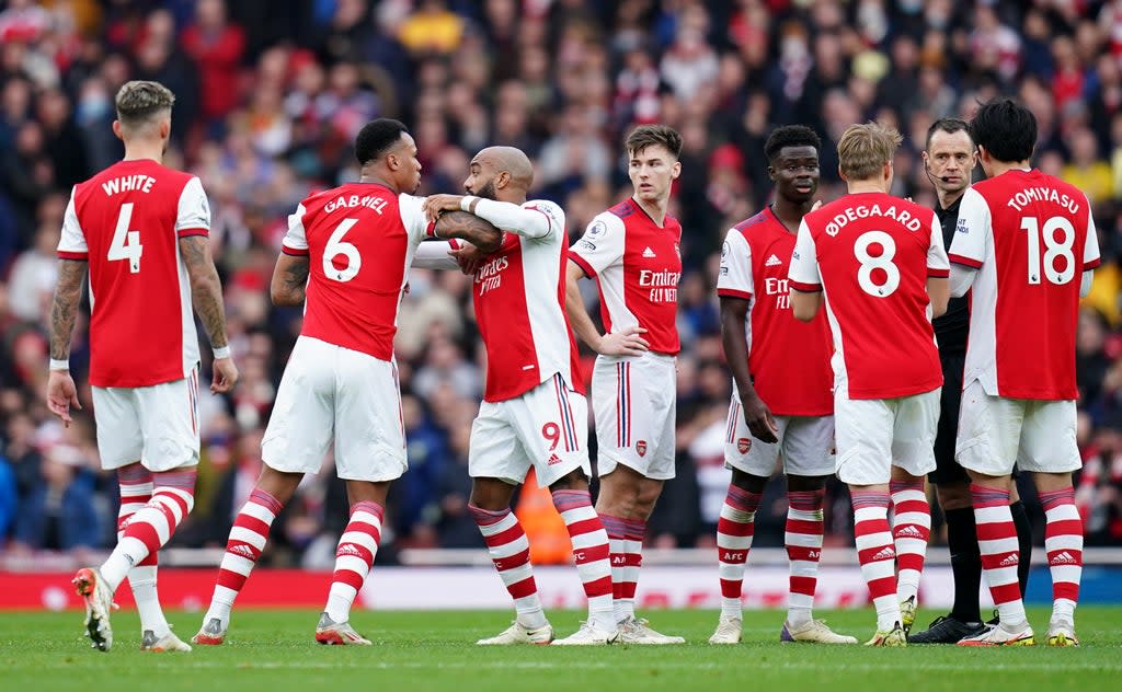 Arsenal’s Gabriel Magalhaes was sent off in the 2-1 loss to Manchester City (John Walton/PA) (PA Wire)