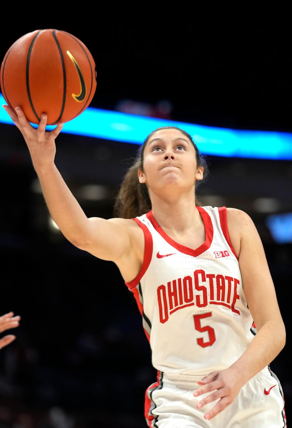 Dec 22, 2023; Columbus, OH, USA; Ohio State Buckeyes guard Emma Shumate (5) makes a two point shot in the second half of their NCAA Womens Division I Basketball game against the Belmont Bruins at Value City Arena.