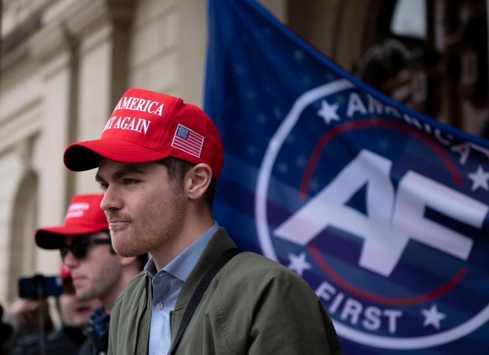 Far-right activist Nick Fuentes shown in Lansing, Mich., in 2020. (Nicole Hester/Ann Arbor News via AP, File)