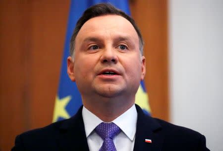 FILE PHOTO: Polish President Andrzej Duda holds a news conference in Berlin, Germany, October 23, 2018. REUTERS/Fabrizio Bensch/File Photo