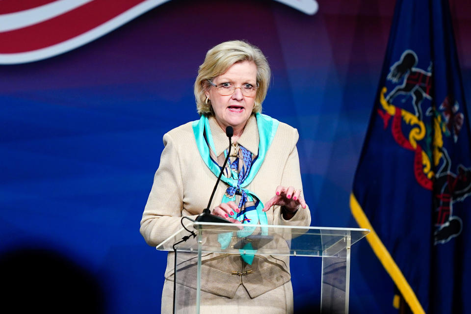 Cleta Mitchell speaks at the Pennsylvania Leadership Conference in Camp Hill, Pa., Friday, April 1, 2022. (Matt Rourke / AP file)