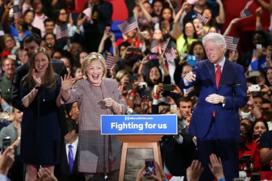 Democratic presidential candidate Hillary Clinton walks on stage with her husband Bill Clinton, daughter Chelsea Clinton and son-in-law Marc Mezvinsky after winning the highly contested New York primary on April 19, 2016 in New York City.