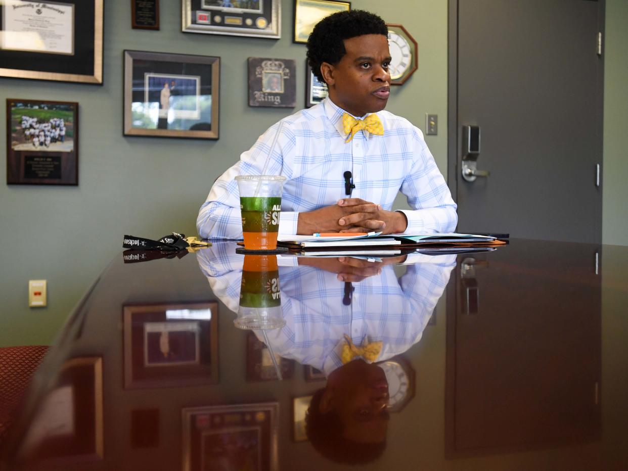 Jackson-Madison County Superintendent Dr. Marlon King speaks with Jackson Sun reporter Sarah Best concerning his opinions on a recent bill allowing Tennessee teachers to posses firearms inside the JMCSS Office in Jackson, Tenn., on Monday, May 5, 2024.