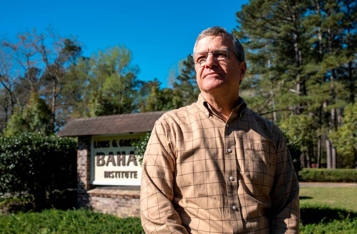 Greg Kintz, former General Manager of Radio Baha’i stands in front of the Louis G. Gregory Bahá’í Institute in Hemingway, S.C. Radio Baha’i has been transmitting uplifting music for almost 40 years from its Hemingway, S.C. station. In South Carolina, the Baha’i faith is the second most practiced religion after Christianity. March 8, 2023.