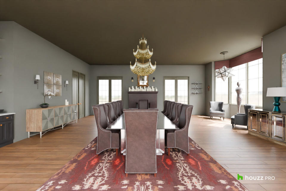 <p>Houzz</p>Madonna's Dining Room<p>Ah, yes. A dining room that I would expect to see in one of Madonna's exquisite homes. Whether in Lisbon or Beverly Hills, the visually stunning space is ready for hosting guests.</p><ul><li>A long dining table with an acrylic base</li><li>Wingback chairs accommodate seating for up to 10 guests</li><li>Fireplace (adorned with flickering candles)</li><li>Grand chandelier</li><li>A mix of midcentury sideboards for storage</li><li>Dark ceiling and gray walls add warmth</li><li>Wooden floors</li><li>Large area rug</li><li>Lots of natural light</li></ul><p><strong>Tour the <a href="https://www.houzz.com/for-pros/feature-3d-floor-plan?madonnadiningroom#3dstories" rel="nofollow noopener" target="_blank" data-ylk="slk:3D Floor Plan;elm:context_link;itc:0;sec:content-canvas" class="link ">3D Floor Plan</a>, and get the look from this dining room on the <a href="https://www.houzz.com/ideabooks/174295832/thumbs/madonna" rel="nofollow noopener" target="_blank" data-ylk="slk:Houzz Shop;elm:context_link;itc:0;sec:content-canvas" class="link ">Houzz Shop</a>.</strong></p>