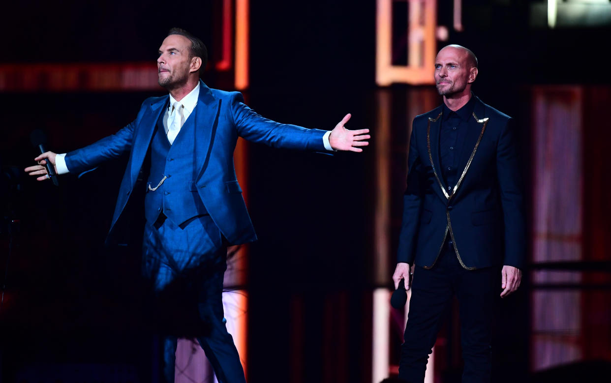 Matt Goss (right) and Luke Goss of Bros on stage at the Brit Awards 2019 at the O2 Arena, London (Credit: PA)