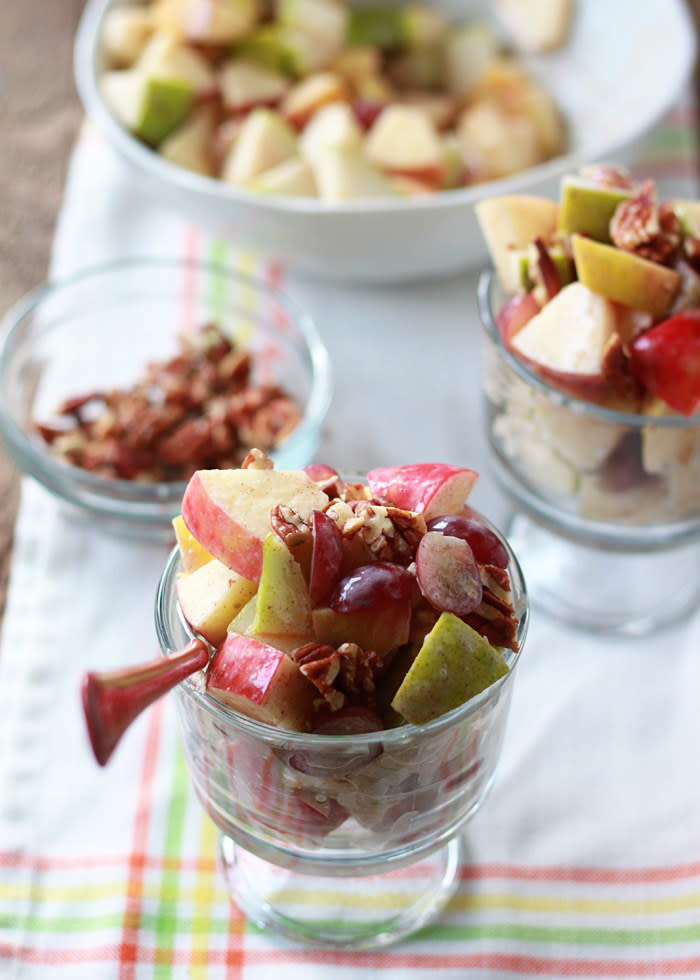 Greek yogurt in a salad — it's a thing. Recipe: Autumn Fruit Salad with Cinnamon Greek Yogurt Dressing