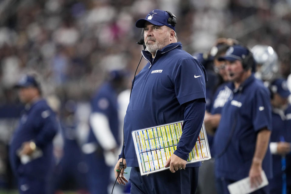 Dallas Cowboys head coach Mike McCarthy looks on during the first half of an NFL football game against the New Orleans Saints, Sunday, Sept. 15, 2024, in Arlington, Texas. (AP Photo/Tony Gutierrez)