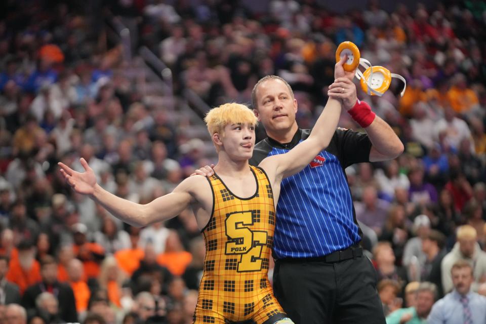 Southeast Polk's Carter Pearson wins the 3A-120 final on Feb. 17 at Wells Fargo Arena.