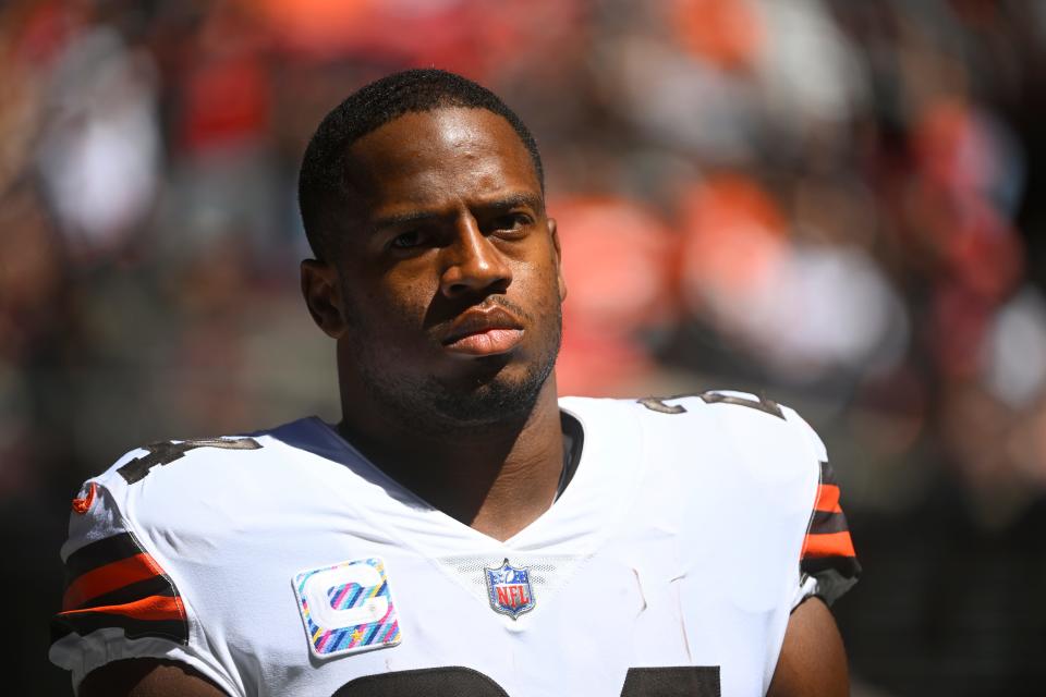 Cleveland Browns running back Nick Chubb waits to play against the Falcons during the first half Sunday, Oct. 2, 2022, in Atlanta.