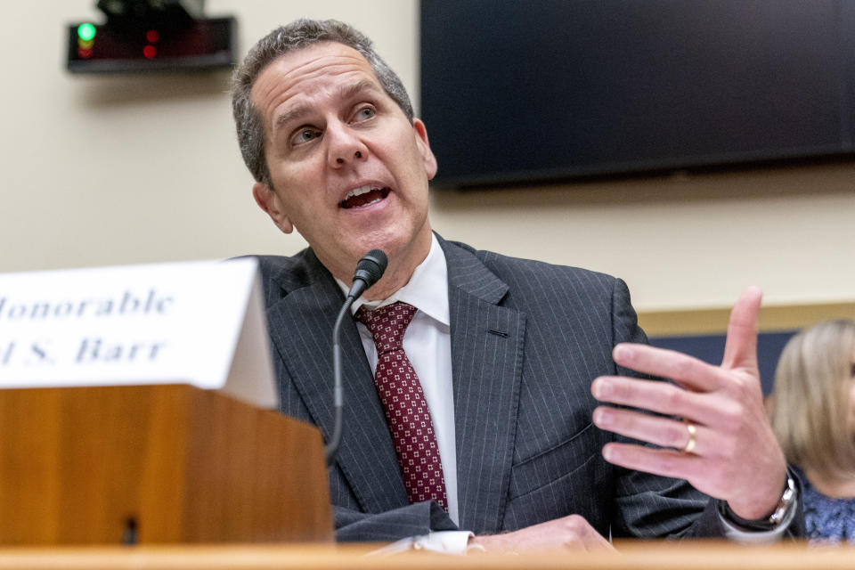 Federal Reserve Board of Governors Vice Chair for Supervision Michael Barr testifies at a House Financial Services Committee hearing on recent bank failures, on Capitol Hill, Wednesday, March 29, 2023, in Washington. (AP Photo/Andrew Harnik)