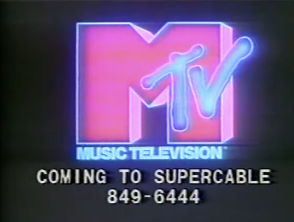 MTV logo with "Music Television" text below, followed by "Coming to Supercable" and the phone number 849-6444