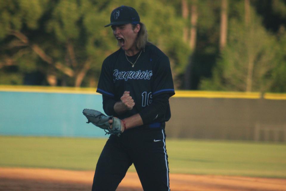 Trinity Christian pitcher Ethan Wheeler reacts after an inning-ending strikeout against Bolles during an FHSAA Region 1-3A high school baseball semifinal on May 11, 2024. [Clayton Freeman/Florida Times-Union]