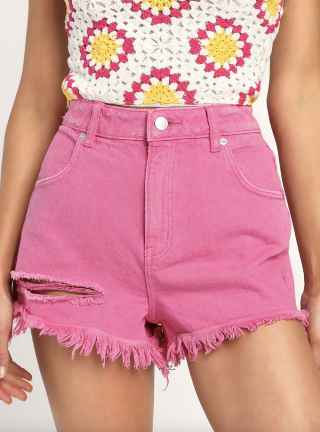 Parisian distressed denim shorts in neon pink