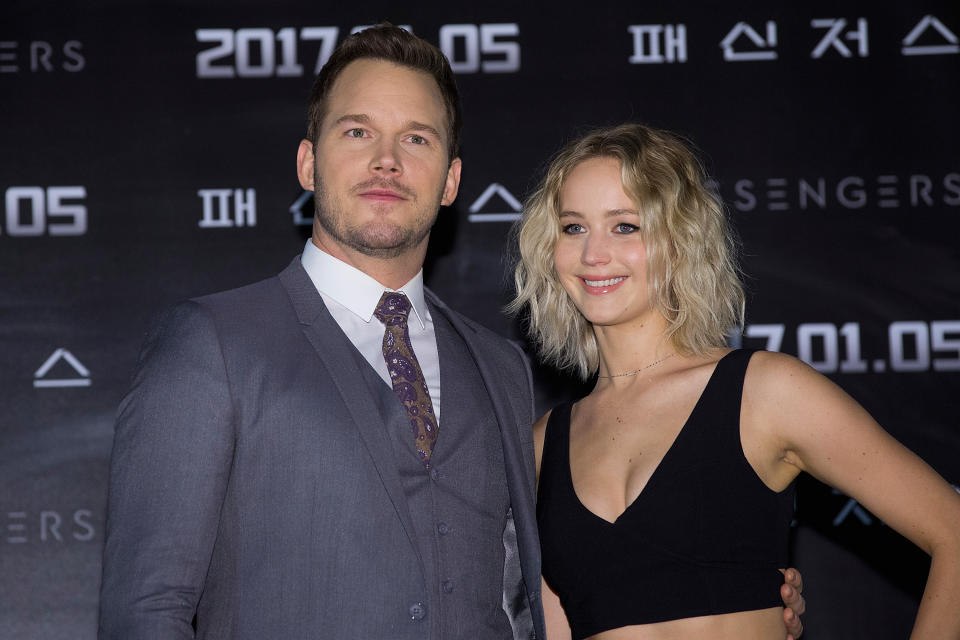 SEOUL, SOUTH KOREA - DECEMBER 16:  (L-R) Actors Jennifer Lawrence and Chris Pratt attend the press conference for 