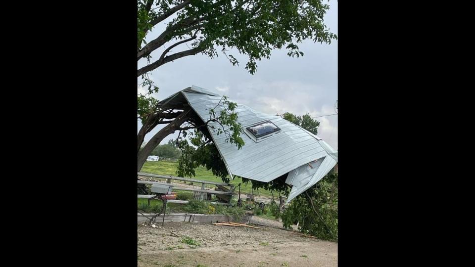 Severe weather moved part of a shed onto a tree in rural Canyon County on Wednesday.