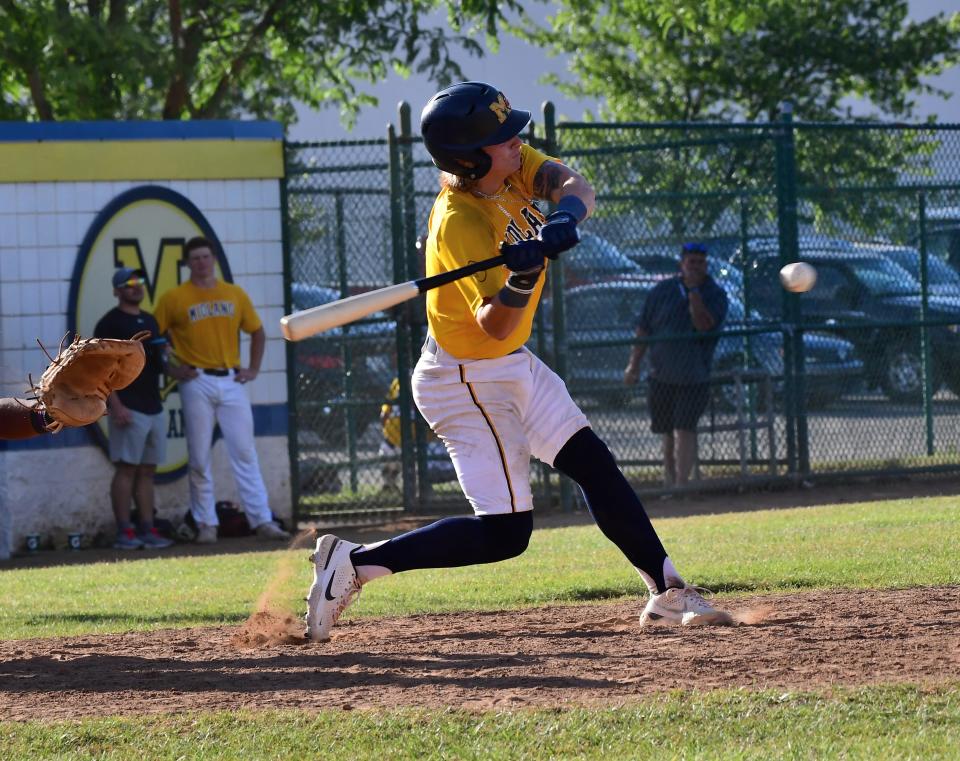 Ethan Bosley of Dixie Heights looks to drive in a run with a base hit for Midland 18U, June 28, 2022.