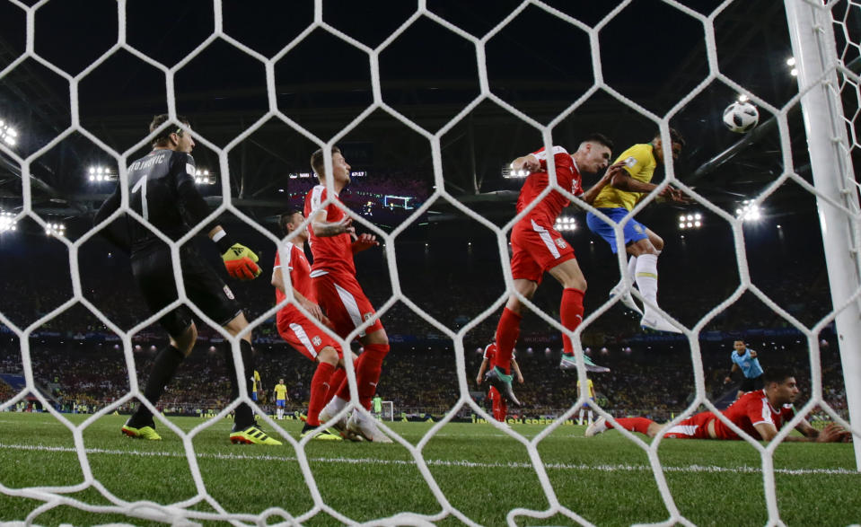 <p>Brazil’s Thiago Silva scores his side’ second goal during the group E match between Serbia and Brazil, at the 2018 soccer World Cup in the Spartak Stadium in Moscow, Russia, Wednesday, June 27, 2018. (AP Photo/Rebecca Blackwell) </p>