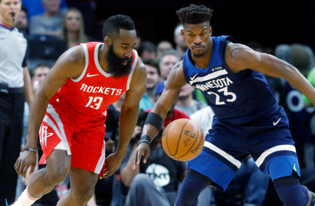 James Harden and Jimmy Butler would be quite the pair of teammates for the Houston Rockets. (AP Photo)