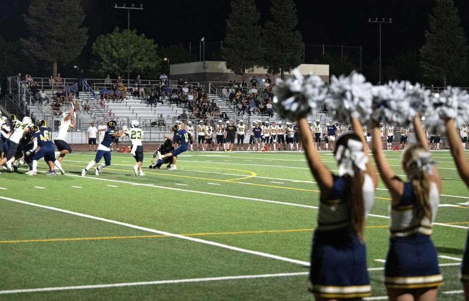 Gregori’s Jace Guzman attempts an extra point after a touchdown during the nonleague game at Gregori High School in Modesto, Calif., Friday, September 8, 2023.