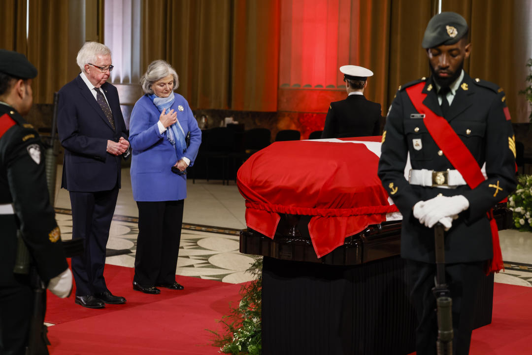 Former prime minister Joe Clark and his wife Maureen McTeer pay their respects as former prime minister Brian Mulroney lies in state in the Sir John A. Macdonald building opposite Parliament Hill in Ottawa, on Tuesday, March 19, 2024. THE CANADIAN PRESS/Blair Gable-Pool