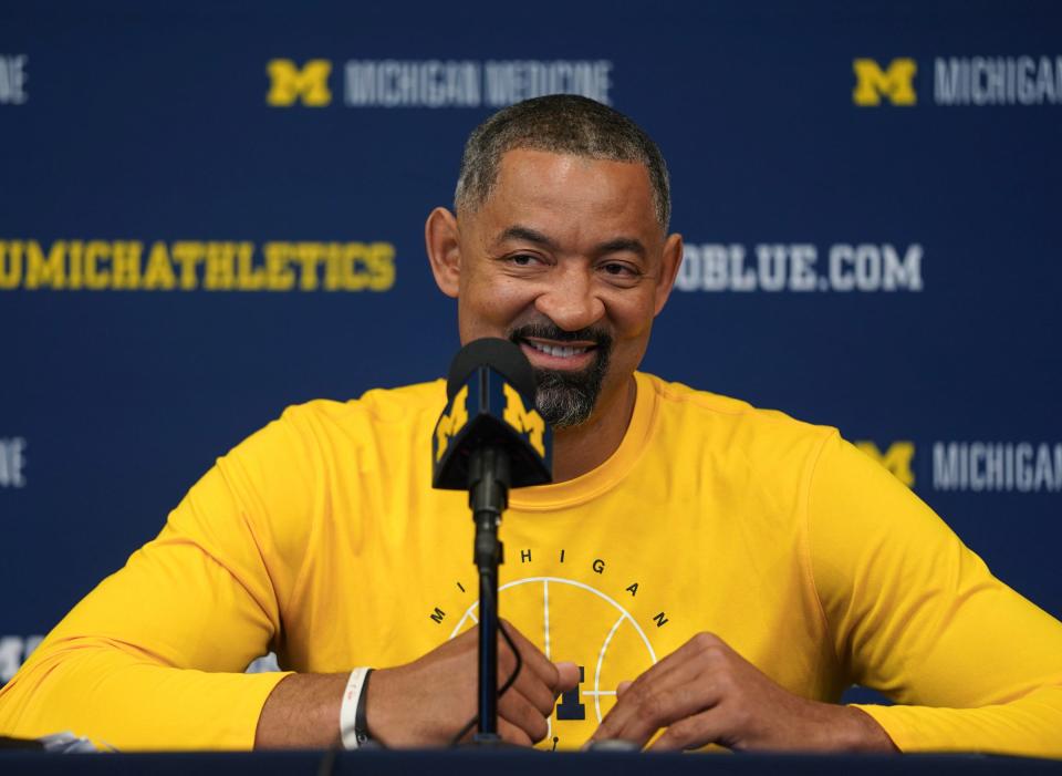 University of Michigan men's basketball coach Juwan Howard makes his first public comments to the press since his suspension during a press conference at the Crisler Center in Ann Arbor on Wednesday, March 9, 2022.