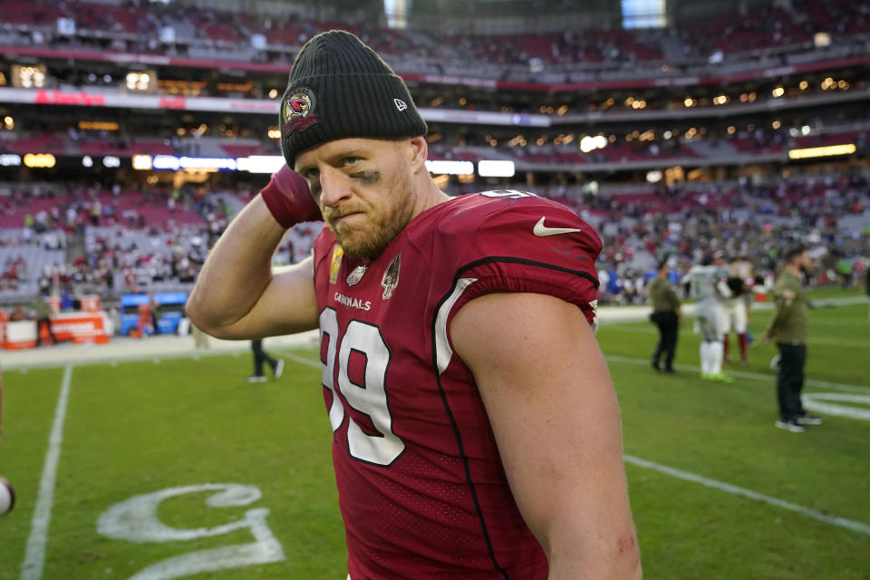 Arizona Cardinals defensive end J.J. Watt walks off the field after an NFL football game against the Seattle Seahawks in Glendale, Ariz., Sunday, Nov. 6, 2022. (AP Photo/Matt York)