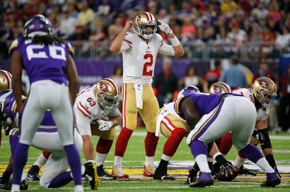 San Francisco 49ers quarterback Brian Hoyer calls a play during a preseason game against the Vikings in Minneapolis, Aug. 27, 2017.