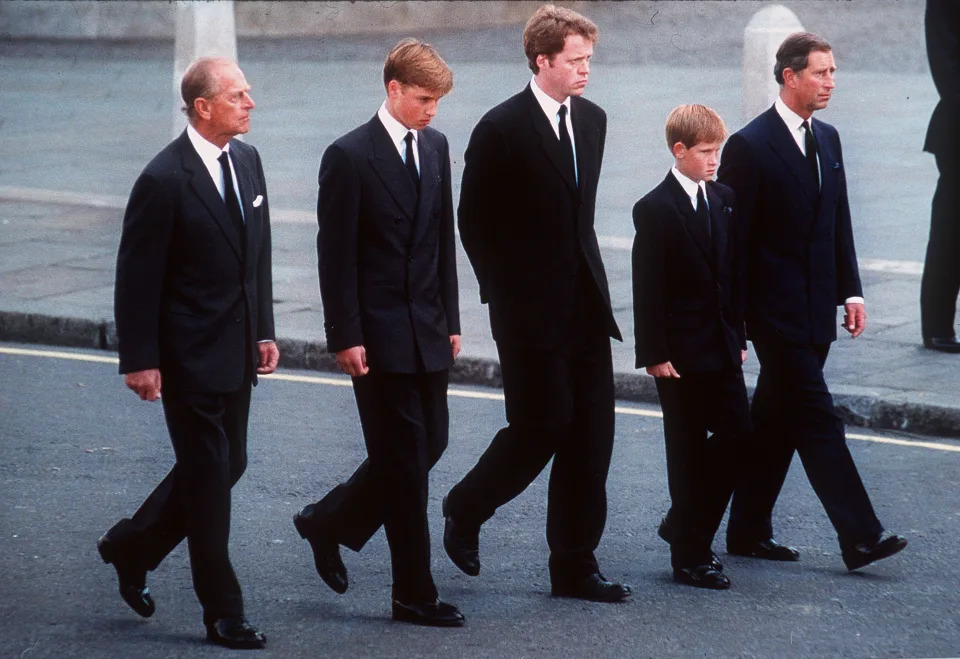 The Duke of Edinburgh, Prince William, Earl Spencer, Prince Harry and the Prince of Wales follow the coffin of Diana, Princess of Wales in September 1997. (Photo by Anwar Hussein/WireImage)