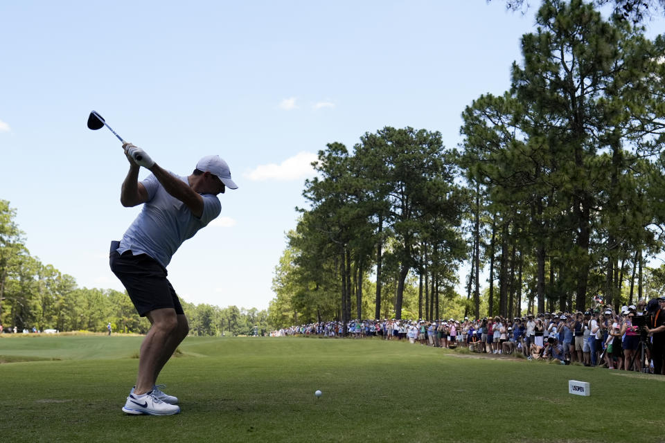 Rory McIlroy, of Northern Ireland, hits his tee shot on the second hole during a practice round for the U.S. Open golf tournament Tuesday, June 11, 2024, in Pinehurst, N.C. (AP Photo/George Walker IV)