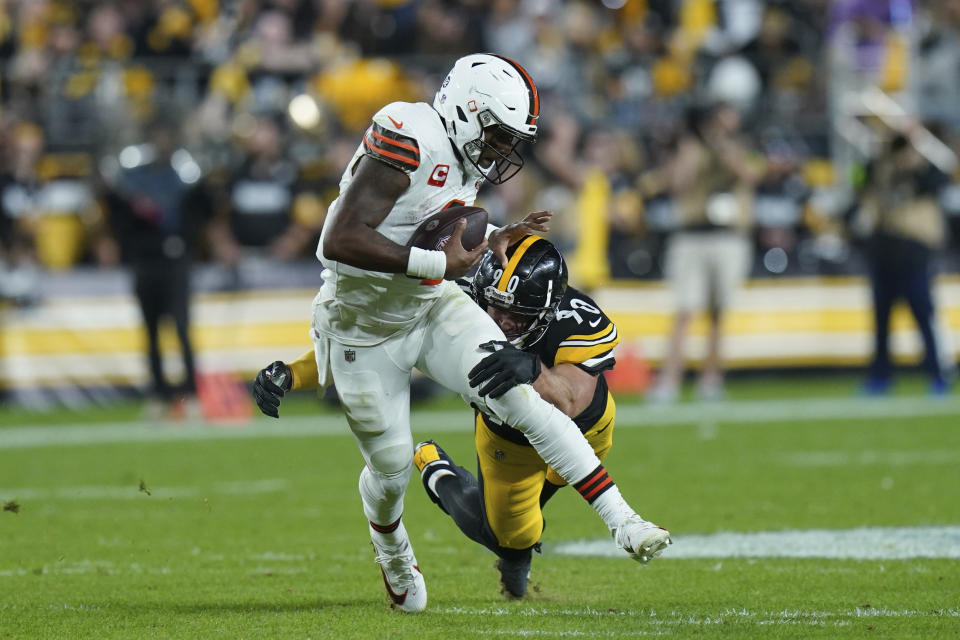 Pittsburgh Steelers linebacker T.J. Watt (90) sacks Cleveland Browns quarterback Deshaun Watson during the first half of an NFL football game Monday, Sept. 18, 2023, in Pittsburgh. (AP Photo/Matt Freed)