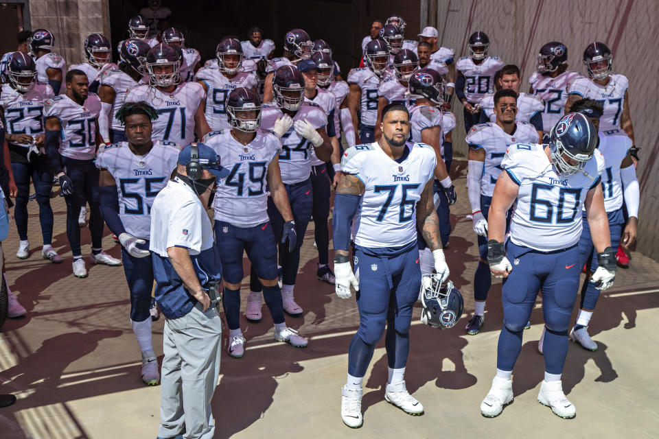 NASHVILLE, TN - SEPTEMBER 20:  The Tennessee Titans prepare to run onto the field before a game against the Jacksonville Jaguars at Nissan Stadium on September 20, 2020 in Nashville, Tennessee.  The Titans defeated the Jaguars 33-30.  (Photo by Wesley Hitt/Getty Images)