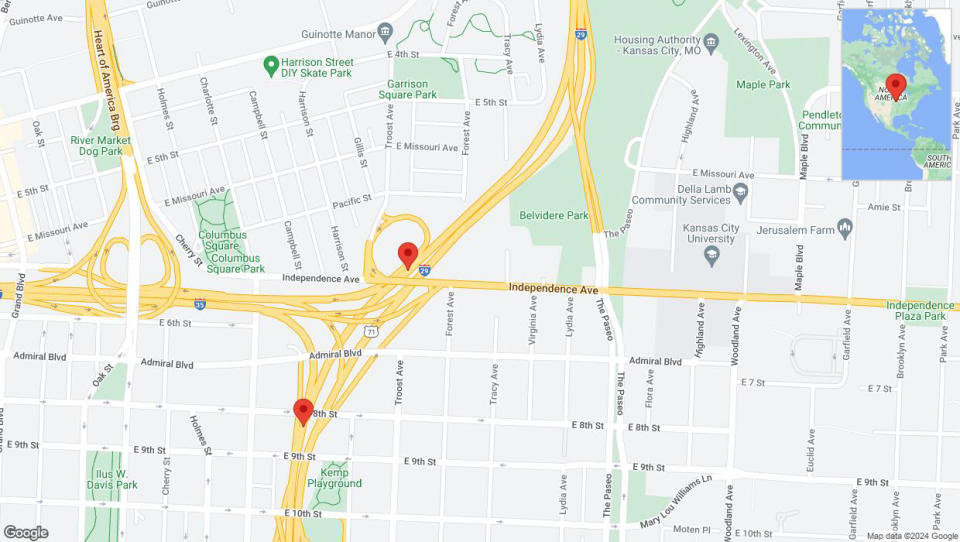 A detailed map that shows the affected road due to 'Heavy rain prompts traffic advisory on southbound US-71 South in Kansas City' on July 3rd at 6:48 p.m.