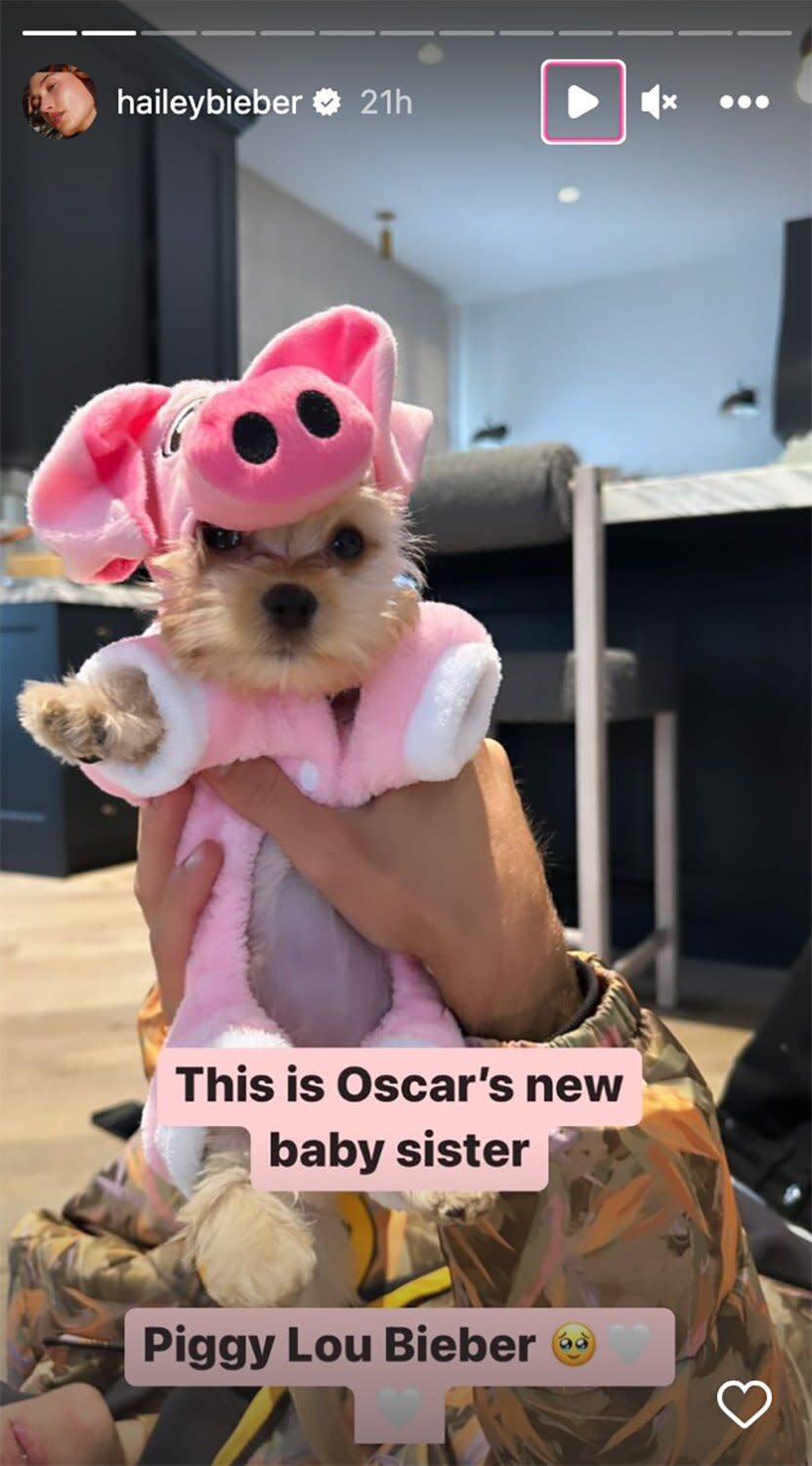 https://www.instagram.com/p/CkZyML4rgHs/ hed: Justin Bieber and Wife Hailey Adopt New Puppy Piggy Lou: 'Oscar's New Baby Sister'