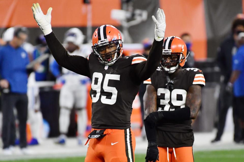 Oct 11, 2020; Cleveland, Ohio, USA; Cleveland Browns defensive end Myles Garrett (95) riles up the crowd during the second half against the Indianapolis Colts at FirstEnergy Stadium. Mandatory Credit: Ken Blaze-USA TODAY Sports