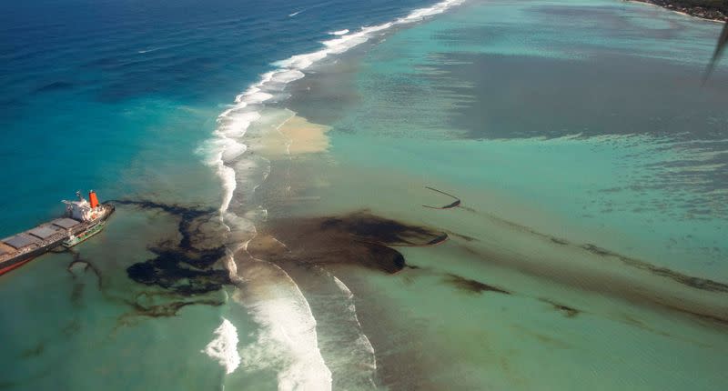 A general view shows the bulk carrier ship MV Wakashio, that ran aground on a reef, at Riviere des Creoles