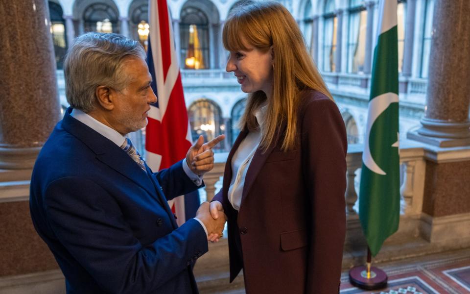 Angela Rayner welcomes Mohammad Ishaq Dar, deputy prime minister of Pakistan, to the Foreign Office in Westminster