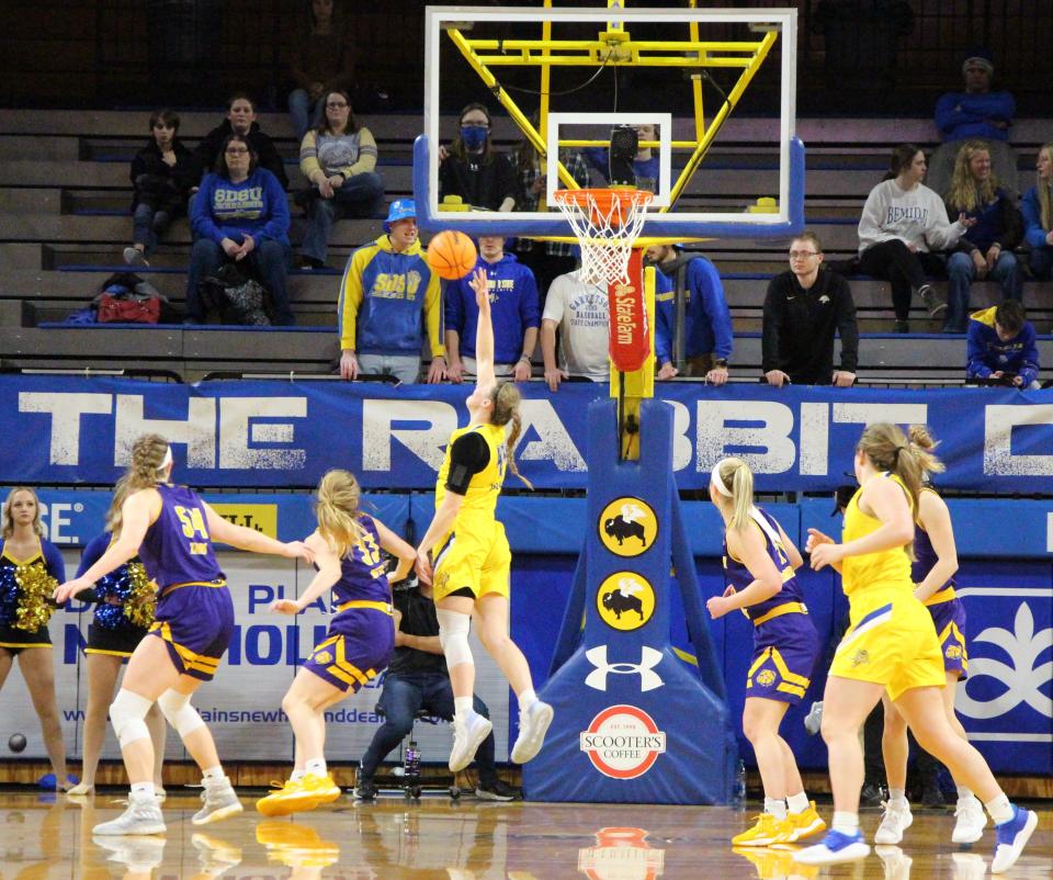 SDSU's Myah Selland goes up for a rebound during her team's win over Western Illinois on Saturday at Frost Arena