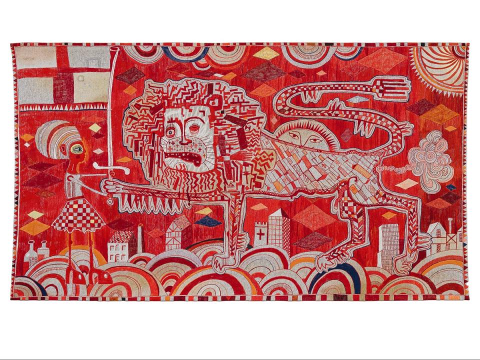 Sir Grayson Perry, Sacred Tribal Artefact, 2023, Tapestry, 200 x 350 cm 78 3/4 x 137 3/4 inches (Courtesy the artist, Paragon | Contemporary Editions Ltd and Victoria Miro)