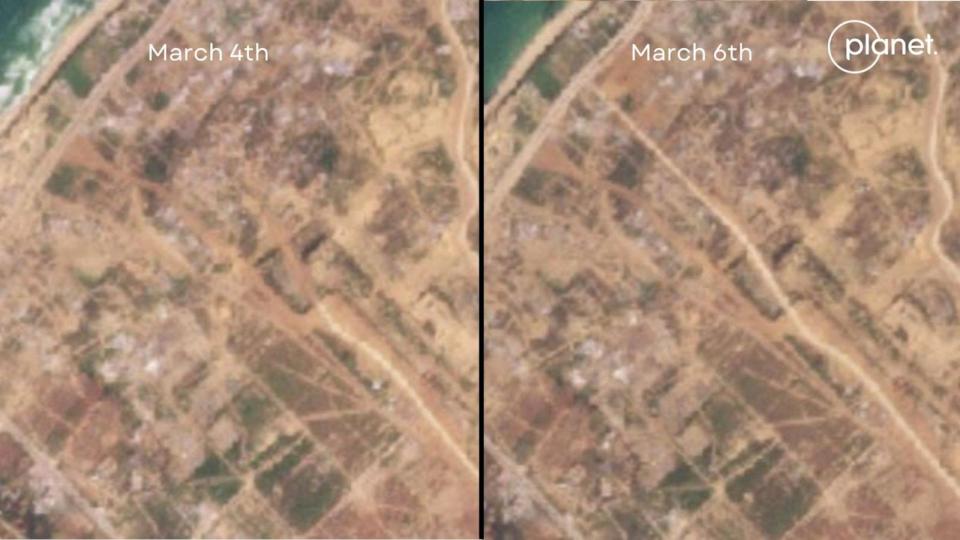 PHOTO: Satellite images taken on March 4th and March 6th show the difference in the construction of a road across Gaza. (Planet Labs PBC)